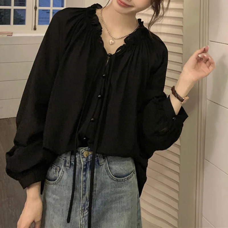 2024 New Summer Minimalist Loose Casual Commuting Versatile Fashion Tie Up Sweet Lace Collar Long Sleeved Sun Protection Shirt