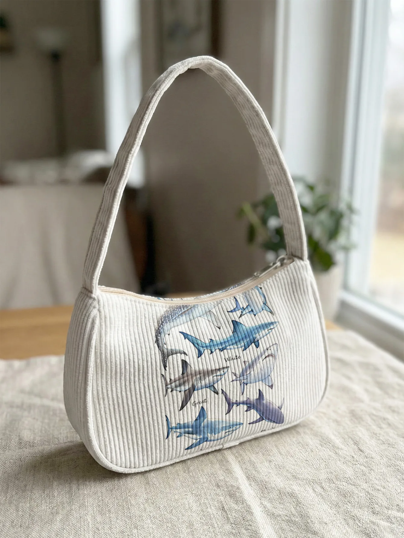 

Trendy Marine Biology Shark Species Print Shoulder Bag, Nautical Corduroy Underarm Bag