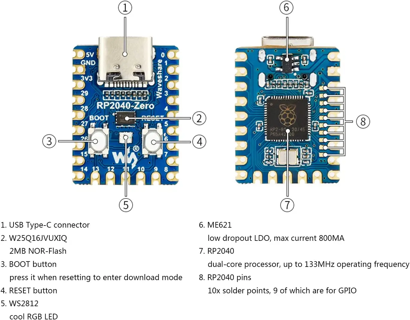 1-10PCS Raspberry Pi RP2040-Zero Microcontroller PICO Development Board RP2040 Dual-core Cortex M0+ Processor 2MB Flash