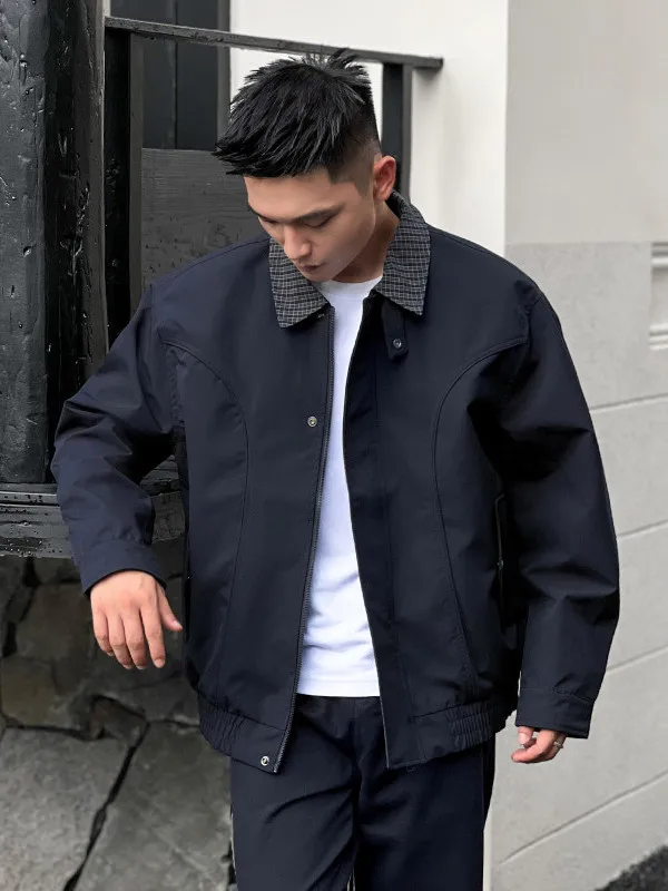 

Men's Retro American Sle Spliced Baseball Jaet with Collar Autumn Workwear Polyester Fiber Long Sve ort Length