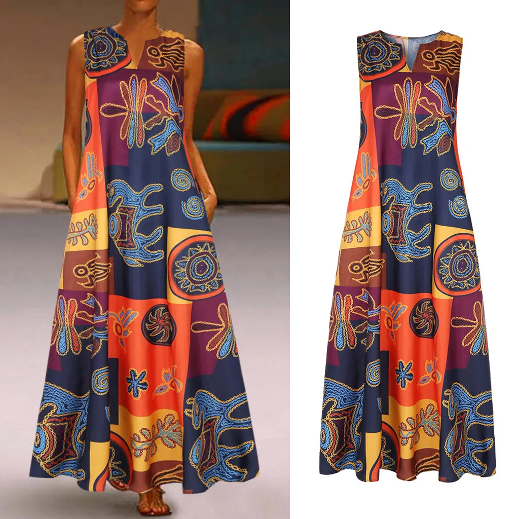 Dresses For Women 2024 Casual Plus Size Women Casual V Plus Dress Sleeveless Size Daily Print Maxi Neck Vintage Evening Dresses