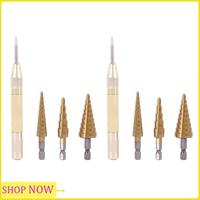 Especial 6 Pcs HSS Titanium Step Drill Bit Set & 2 Pcs Automatic Center Punch
