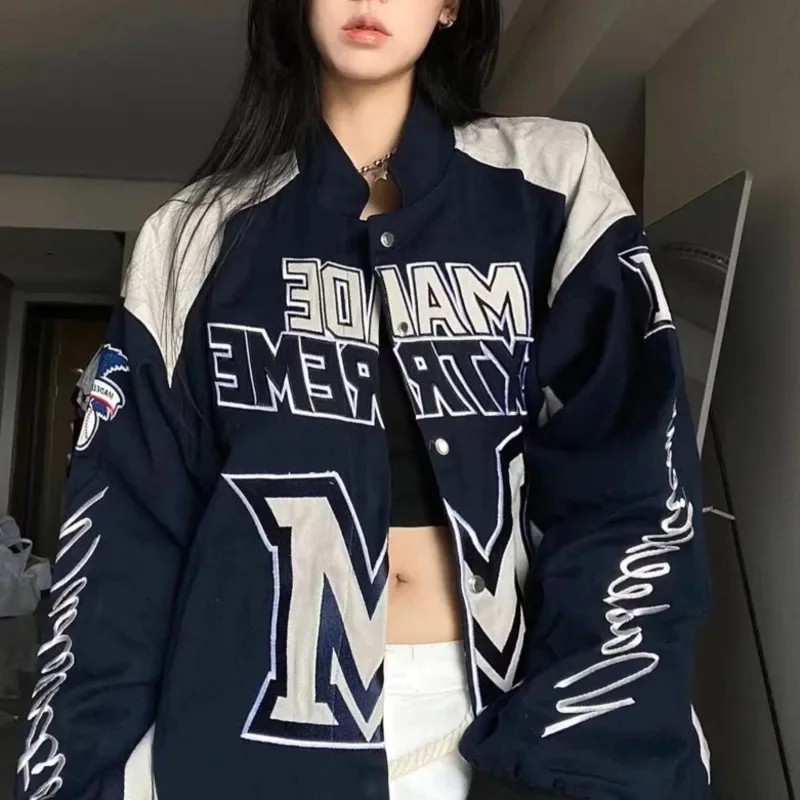 Embroidery Jacket Retro Street High Street Heavy Industry Racing Motorcycle Jacket Retro Color Block Letters Chic Loose Coat New