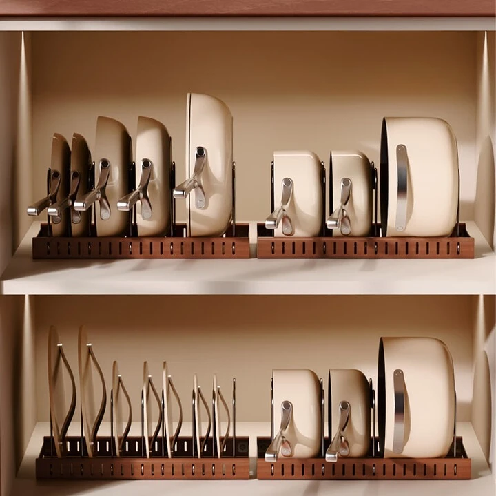 Kitchen pot rack, antique stove, retractable pot storage racks in cabinet, countertop adjustment pots lid racks