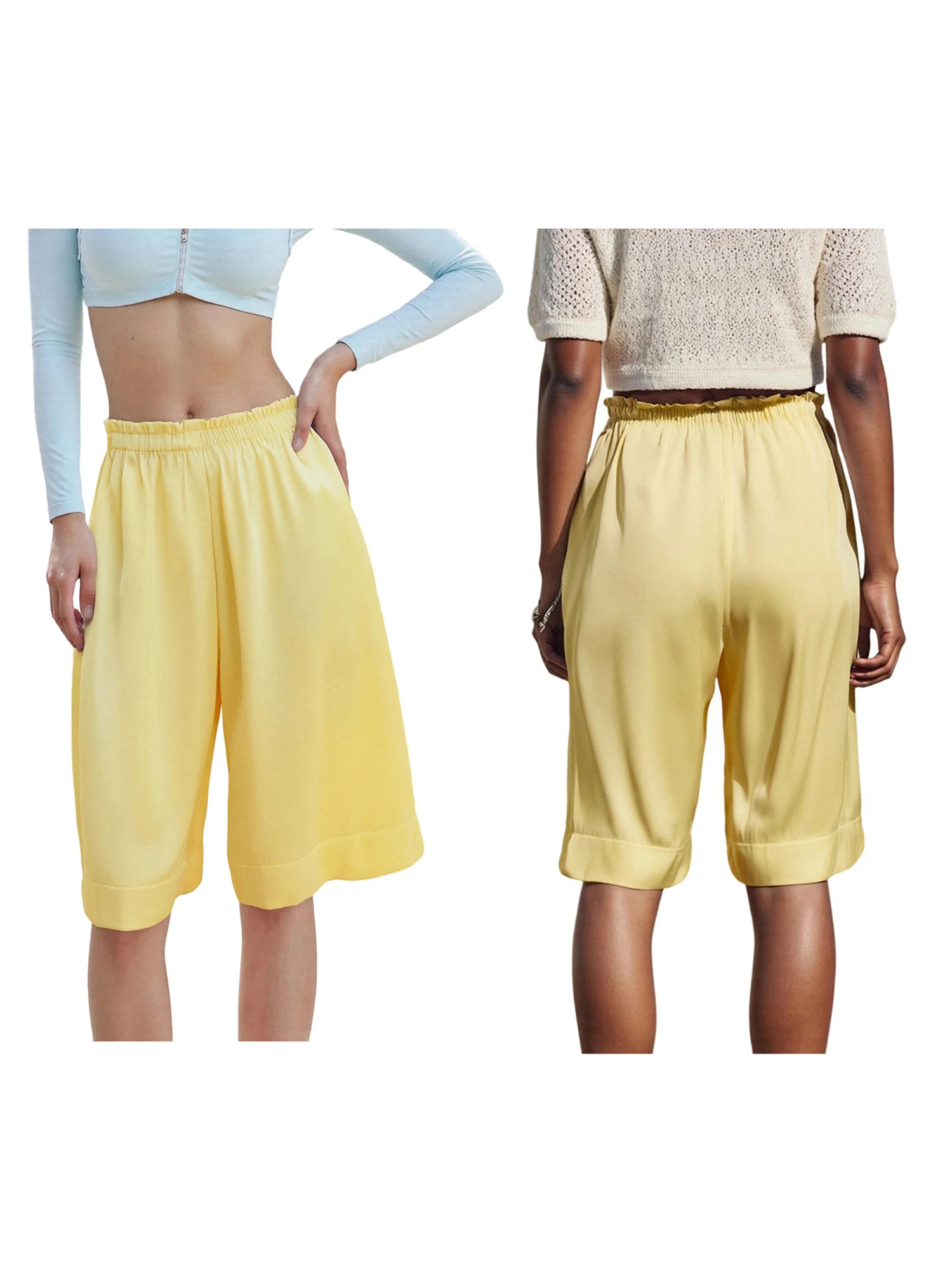 Pantaloncini fluidi al ginocchio da donna con tasche e elastico in vita - Pantaloncini setosi casual a gamba larga in tinta unita per l'estate