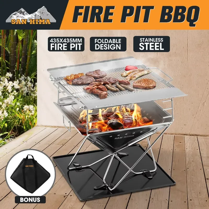 Portable Folding Charcoal BBQ Grill Fire Pit for Outdoor Woodland Backyard Garden Camping Stainless Steel Stove Roast