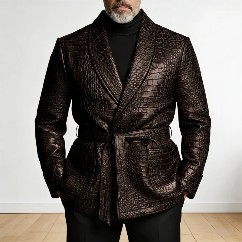  Blazer de Cuero con Patrón de Cocodrilo para Hombre, Chaqueta Cruzada con Cinturón y Cuello Chal, para Negocios, Fiestas, Bodas y Uso Casual