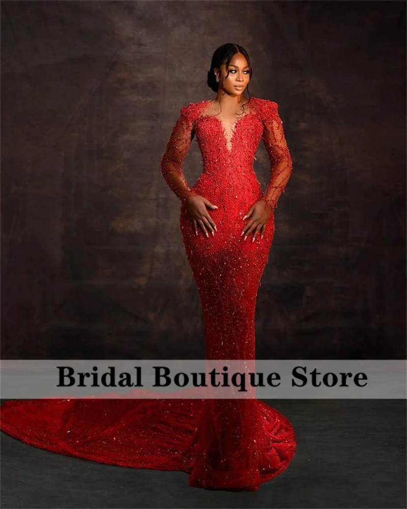 Sparkly Red Mermaid Evening Dress 2024 Mesh Crystal Beads Sequins Pearls African Wedding Prom Party Robe De Soirée Customized