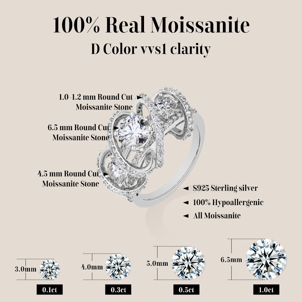 ATTAGEMS. خاتم نسائي فاخر مزين بثلاثة أحجار مويسانيت، وحجر كريم مستدير بقطر 1 قيراط، وحلقة ملتوية تشبه الكرمة مصنوعة من الفضة الإسترلينية 100٪. هذه القطعة من المجوهرات الراقية مناسبة لمناسبات مثل الخطوبة والمواعيد الغر #2