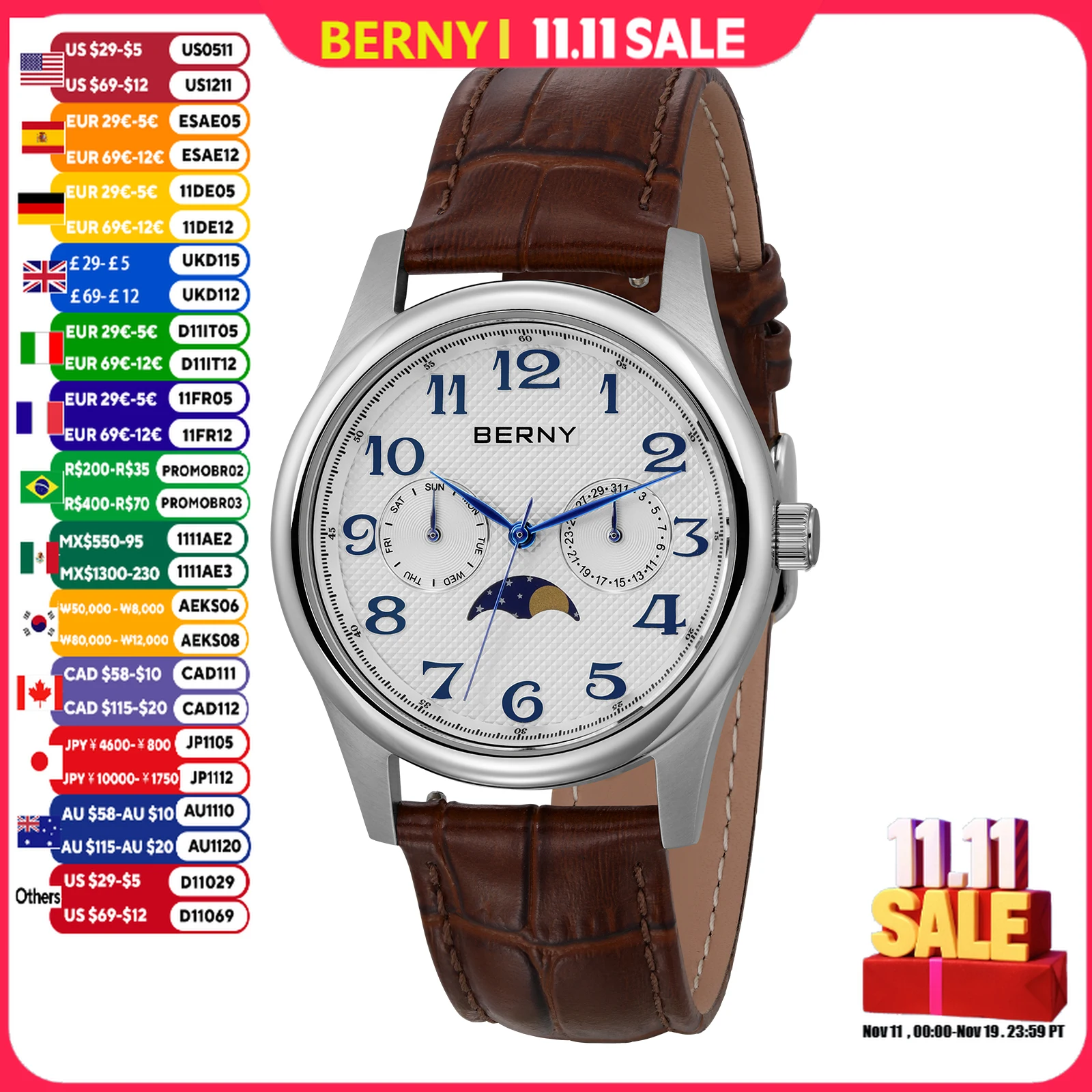 BERNY montres pour hommes Phase de lune Quartz montre pour hommes jour Date calendrier facile lecture Vintage élégant robe d'affaires montre-bracelet
