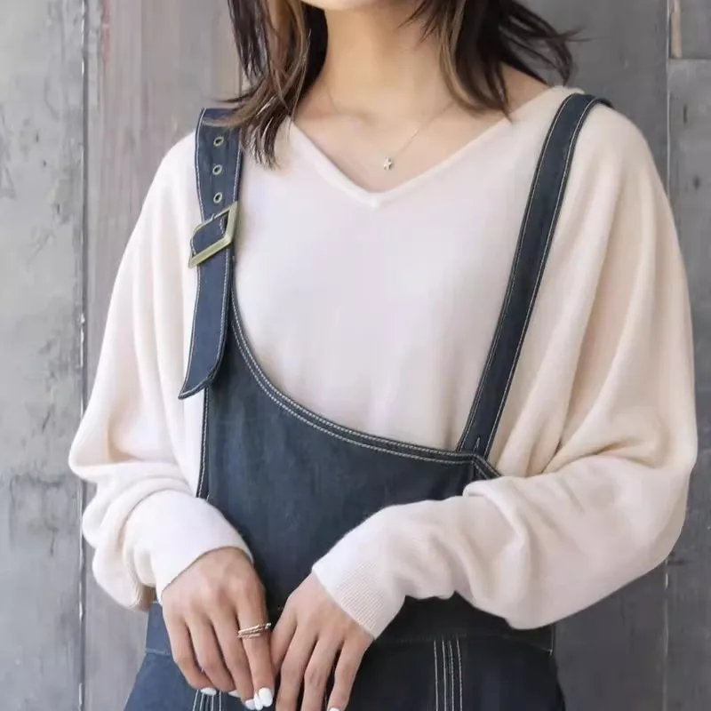 

Ele V-Ne Oversized Soft Fine Knit Sweater Women's Color Commute Sle Long Sve Mid-Length Warm Thermal