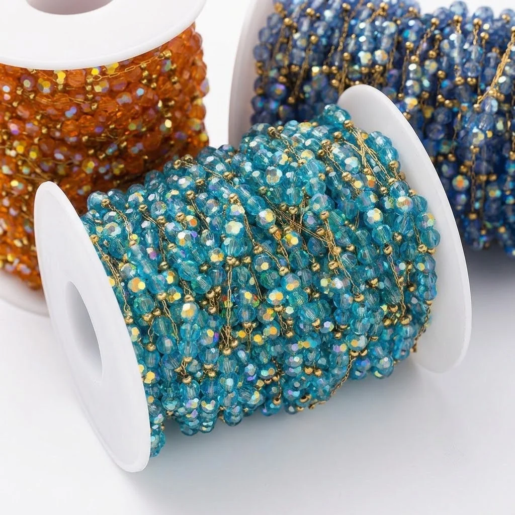 1Meter Colorful Stainless Steel Glass Bead Chain DIY Party Bracelets Necklaces Beaded Chains Material Jewelry Making Supplies