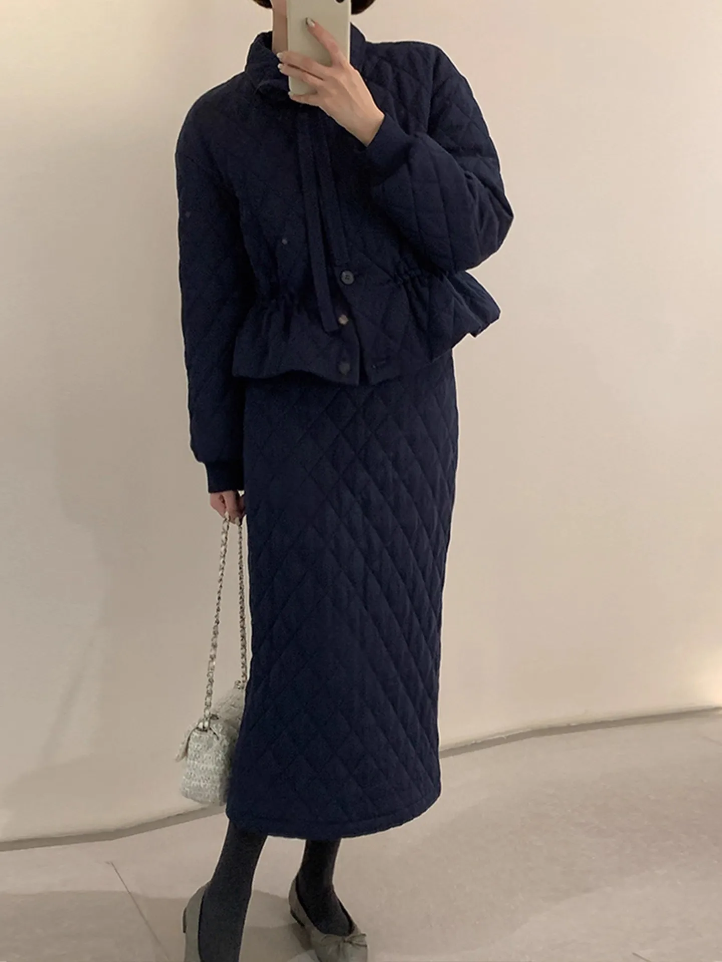 

Faionable Large Size Autumn Winter Set Women's New Sle Knot Turn-down Collar Cotton Jaet f Skirt Two-piece...