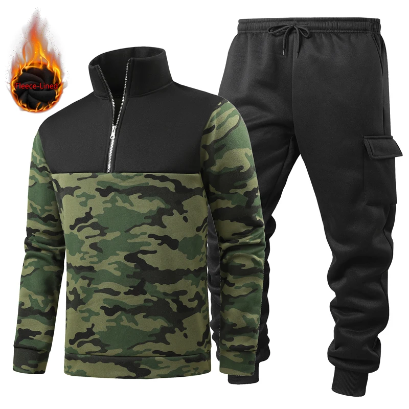 

Cross border velvet thickened color blocked hoodie set pullover hoodie set two-piece outerwear set men's autumn and winter men's