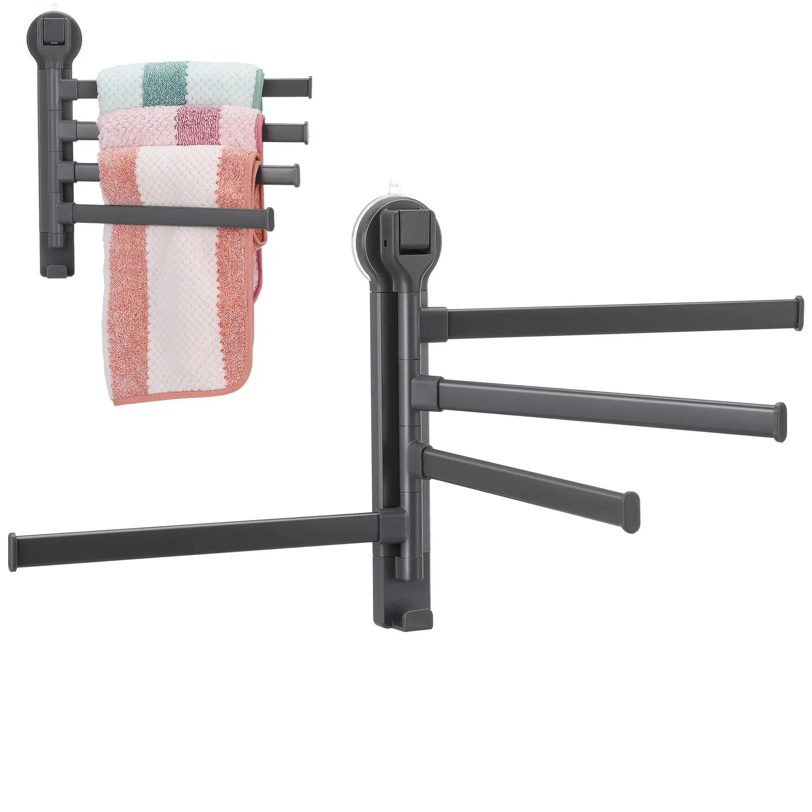Suction Cup 4-Bar Rotating Towel Rack No Drill Bathroom Wall Mounted Swing Out Towel Holder for Smooth Surfaces