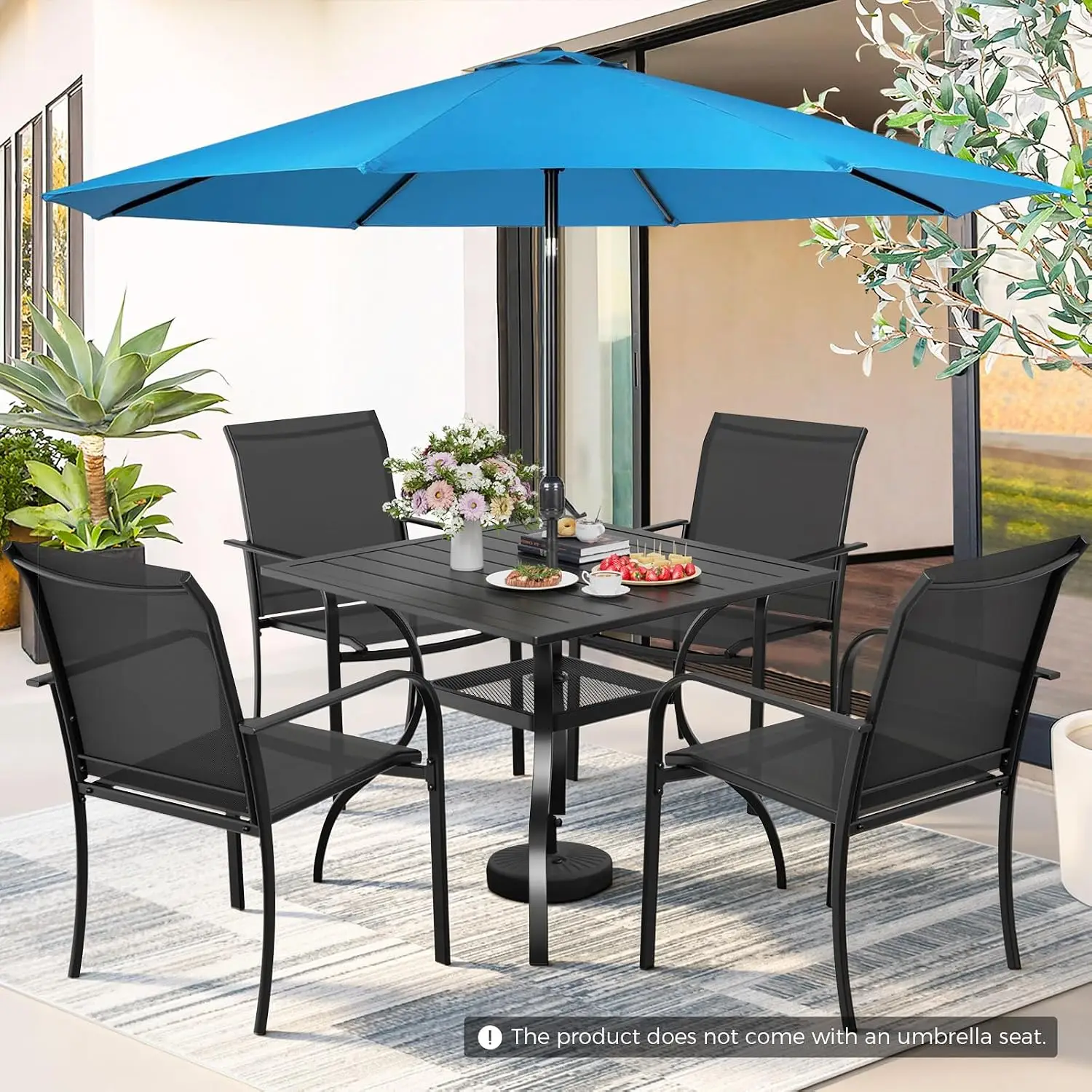 6 Pieces Patio Dining Set Sky Blue Umbrella 4 Textilene Chairs & Square Table Umbrella Hole Backyard Garden Poolside Black, Cust