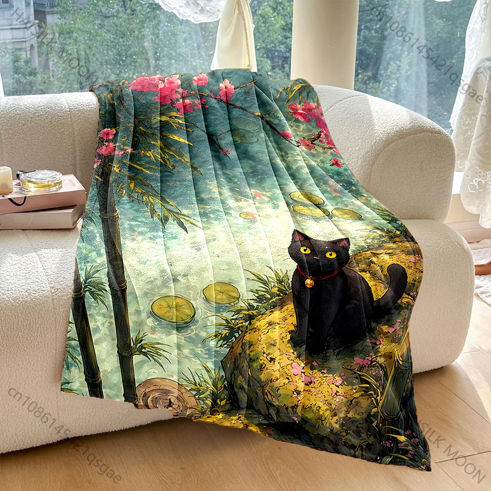 Black cat by stream cherry blossoms bamboo Print Blanket Warm Soft Fluffy Kids Adult Sofa Bed Throw Outdoor Travel Camping RV