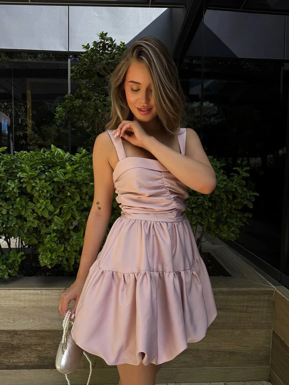 Rosa Heimkehrkleid mit quadratischem Ausschnitt, ärmellos, Spaghettiträger, A-Linie, Minirock, plissiert, Cocktailkleid, Partykleid, individuell anpassbar