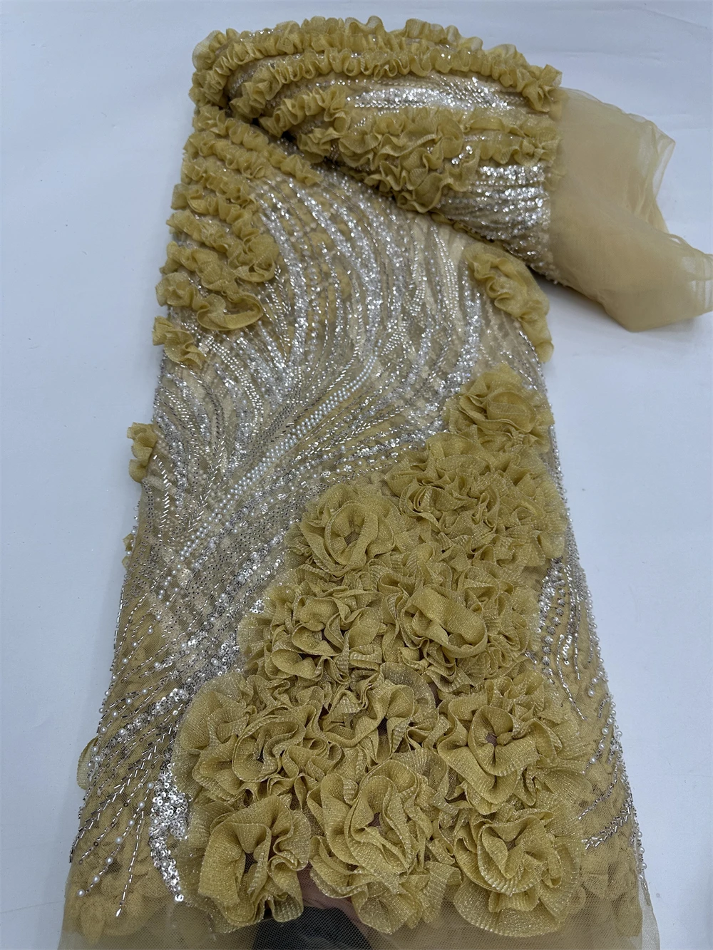 

African Gold French Tulle Lace Fabric 5 Yards Beads Tube Sequin Net for Sewing Weddings nigerian lace fabrics 2025