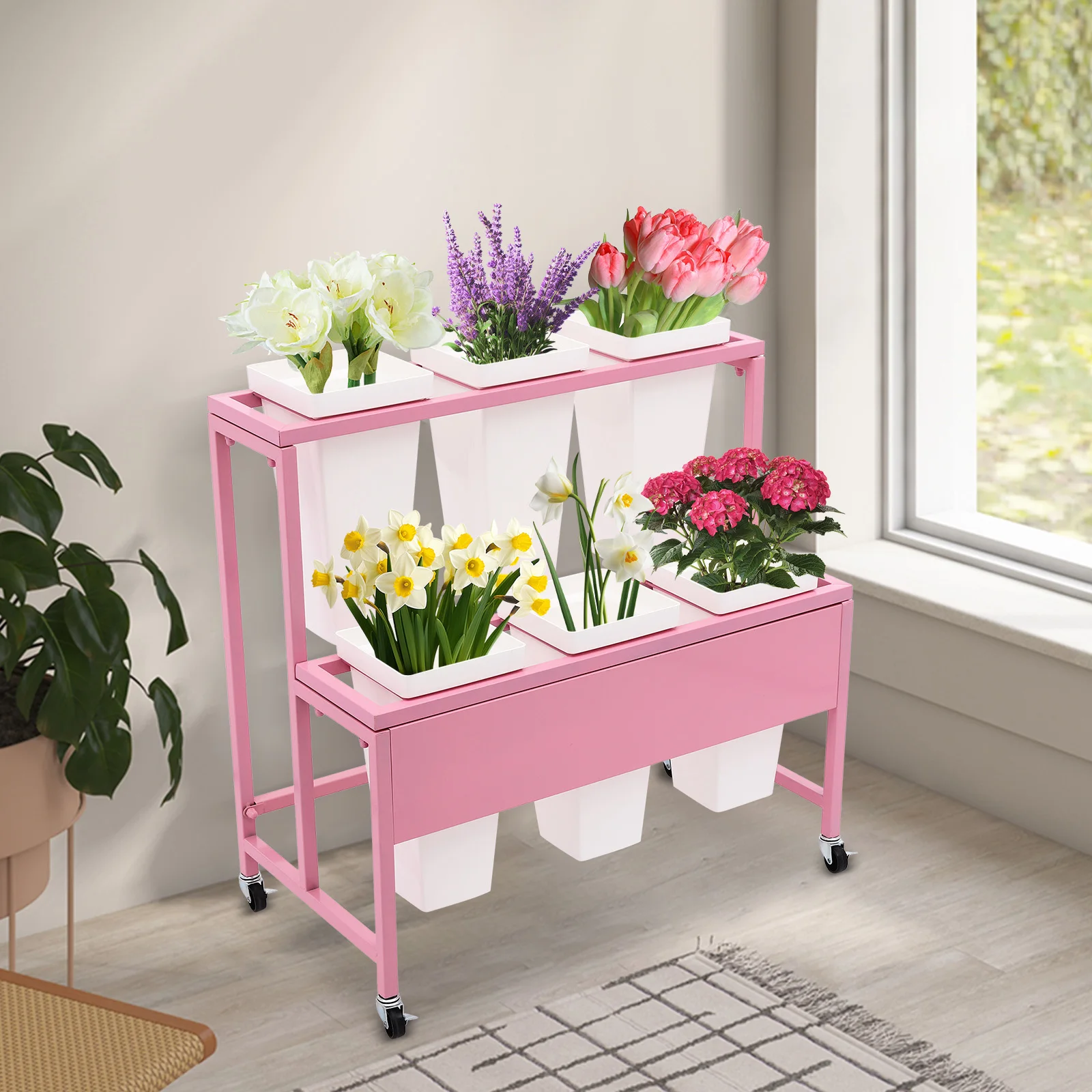 

Pink Flower Display Stand 2-Tier Flower Display Rack w/6 Buckets 4 Wheels for Displaying Plants in Homes Florists Gardens