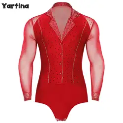 Mens Rhythmic Gymnastic Latin Tango Ballroom Dance Leotard Costume Sheer Mesh Sparkly Rhinestone Disco Bodysuit Shirts Rompers