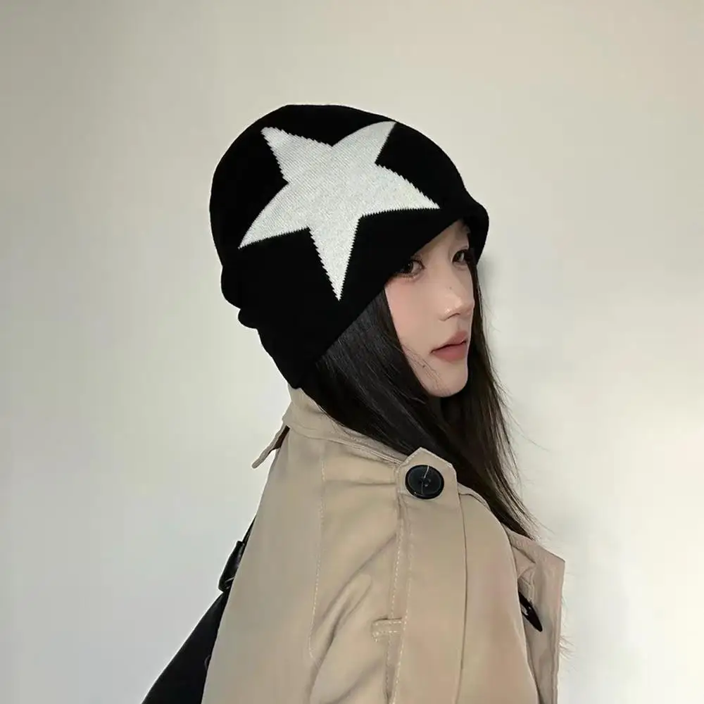Y2K Cappello lavorato a maglia in stile giapponese Stella Pentagramma Jacquard geometrico Berretti invernali morbidi Cappello a cuffia resistente al freddo per esterni Hip Hop da strada