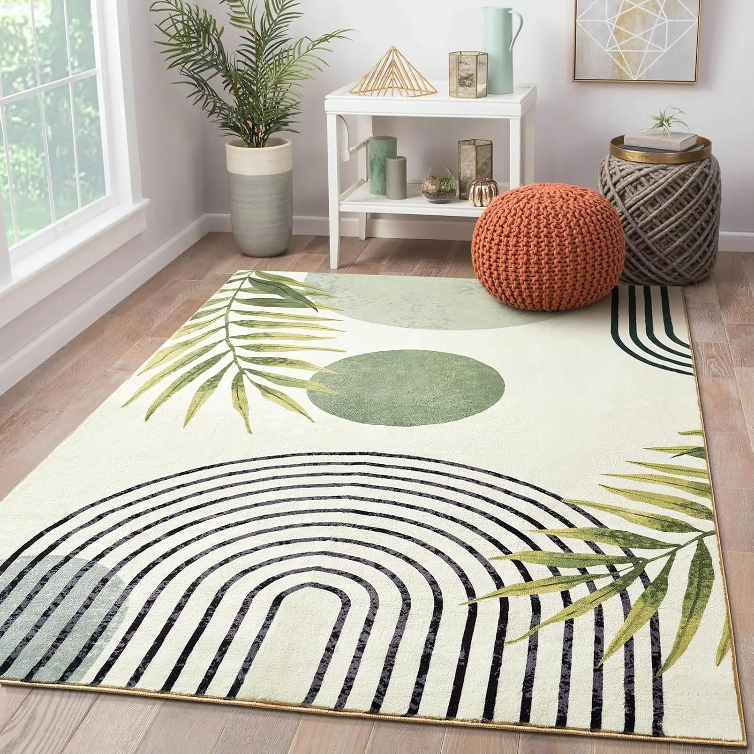 Mid Century Modern Washable Rug, Boho Cute Aesthetic Area Rugs for Bedroom Dining Living Room Kitchen Office, Green Abstract