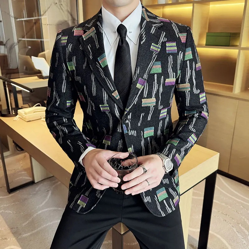 Luxury Denim Jacquard Suit Jacket Men Fashion Slim Fit Men Blazers Casual Business Party Coat Uniform Wedding Social Tops 2024