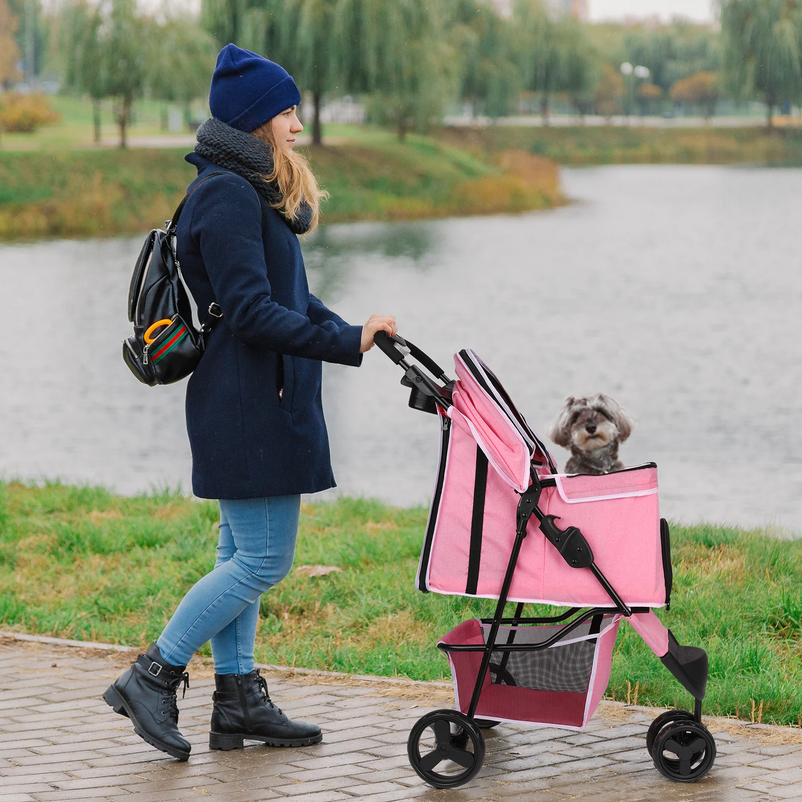 carreola para mascotas perro 3 Wheel Foldable Cat Dog Stroller with Storage Basket, Handle 360° Pet Dog Stroller