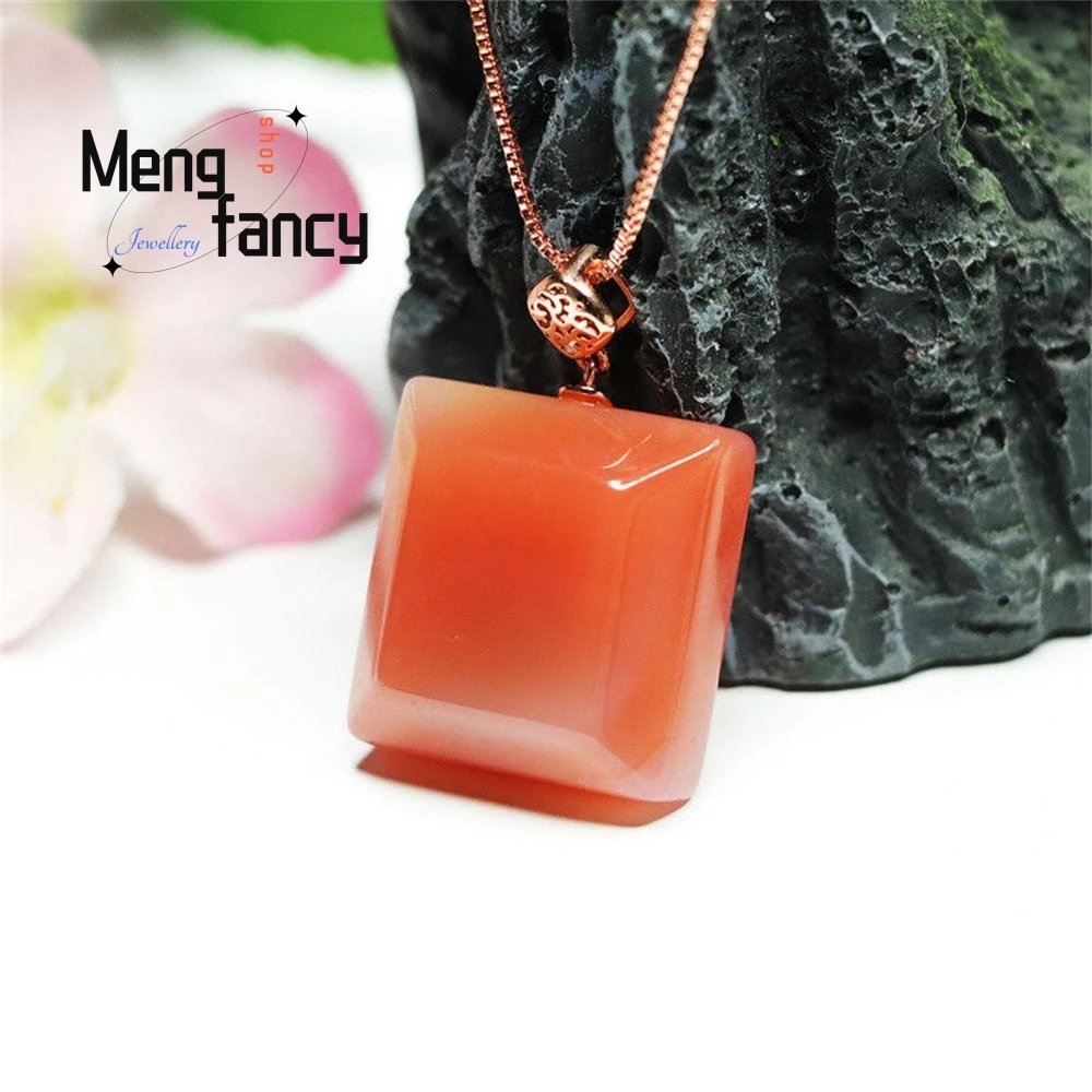 

S925 Silver Natural Salt Source Agate Square Candy Pendant Simple Elegant High-grade Luxury Quality Fashion Jewelry Holiday Gift