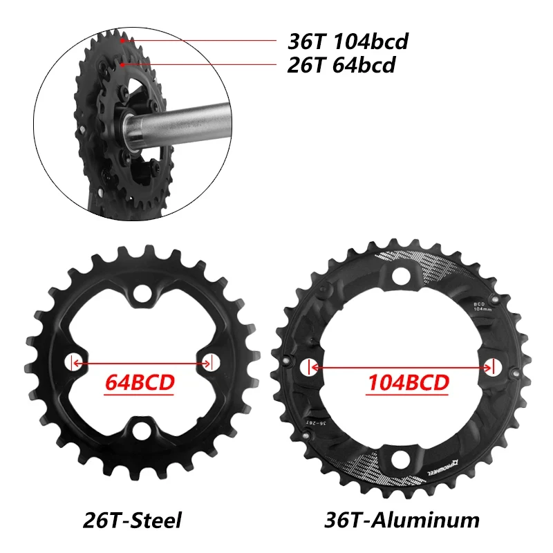 Prowheel MTB Chainring 104 64 BCD Mountain Bike Sprockets Double Speed Bicycle Chainwheel 26T 28T 36T 38T Bicycle Crowns 10 11S