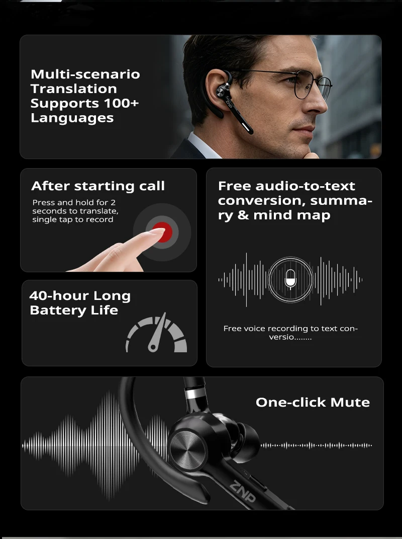 ZNP N06 Kabellose Übersetzungs-Ohrhörer, Business-KI-Meeting-Assistent, Audio-Transkription, Ohrbügel-Bluetooth-Kopfhörer, lange Akkulaufzeit – Detail 2