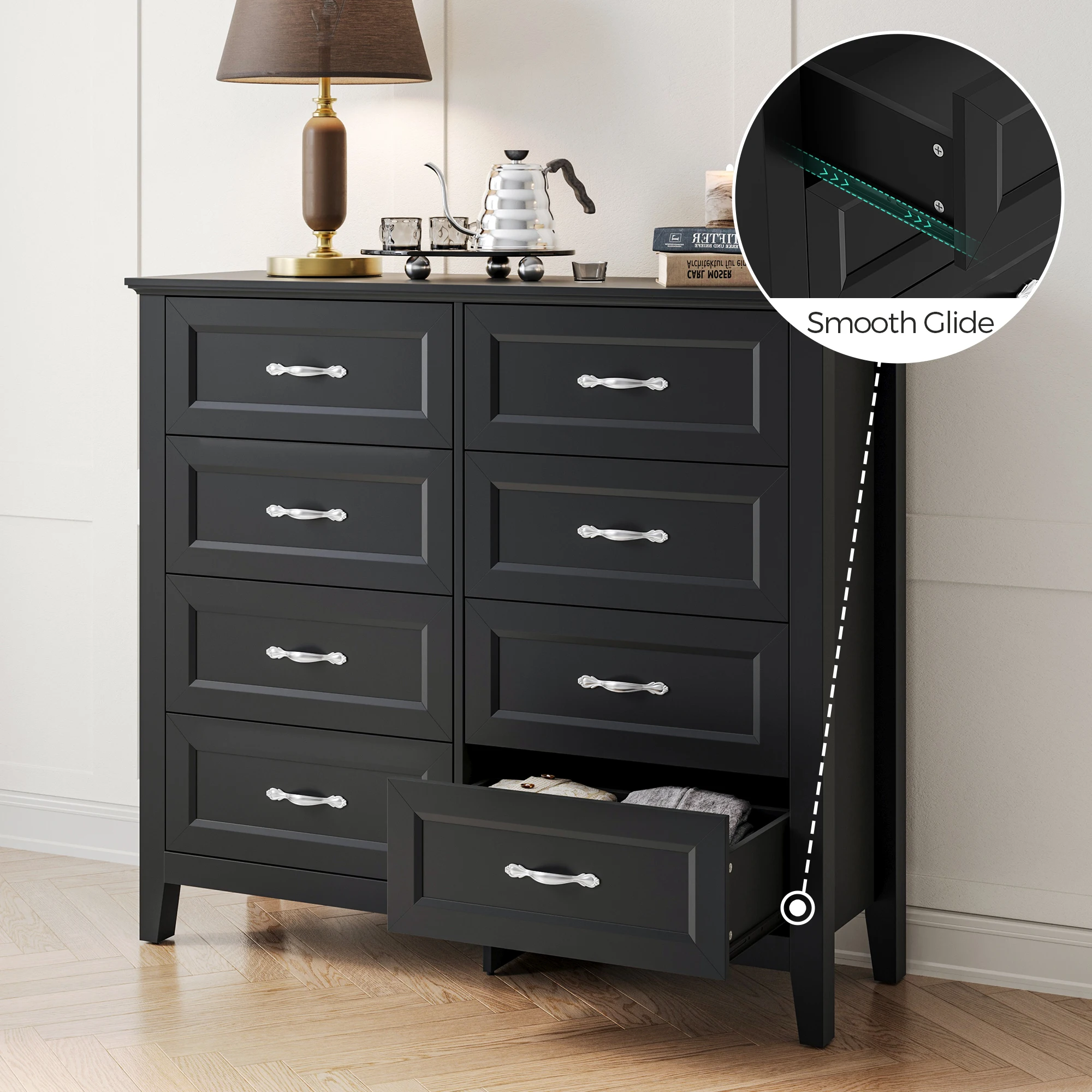 LINSY HOME 8 Drawers Farmhouse Dresser for Bedroom, Wood Bedroom Dresser Drawer Chest, Closet Storage Organizer, Black