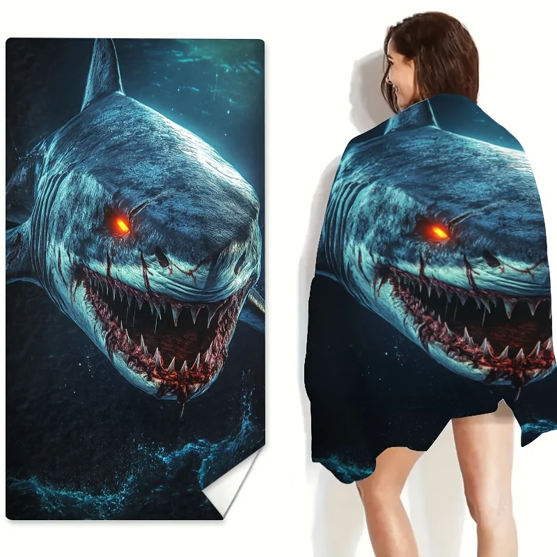 1pc Shark Print Beach Towel - Microfiber, Polyester, Contemporary Style, Perfect for Beach, Pool,Bathroom,Camping,Yoga & Fitness