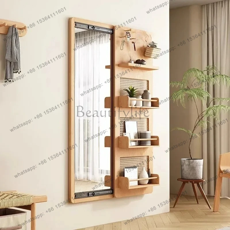 Japanese-style solid wood full-body mirror, simple wall-mounted makeup, multi-functional hidden push-pull storage fitting mirror