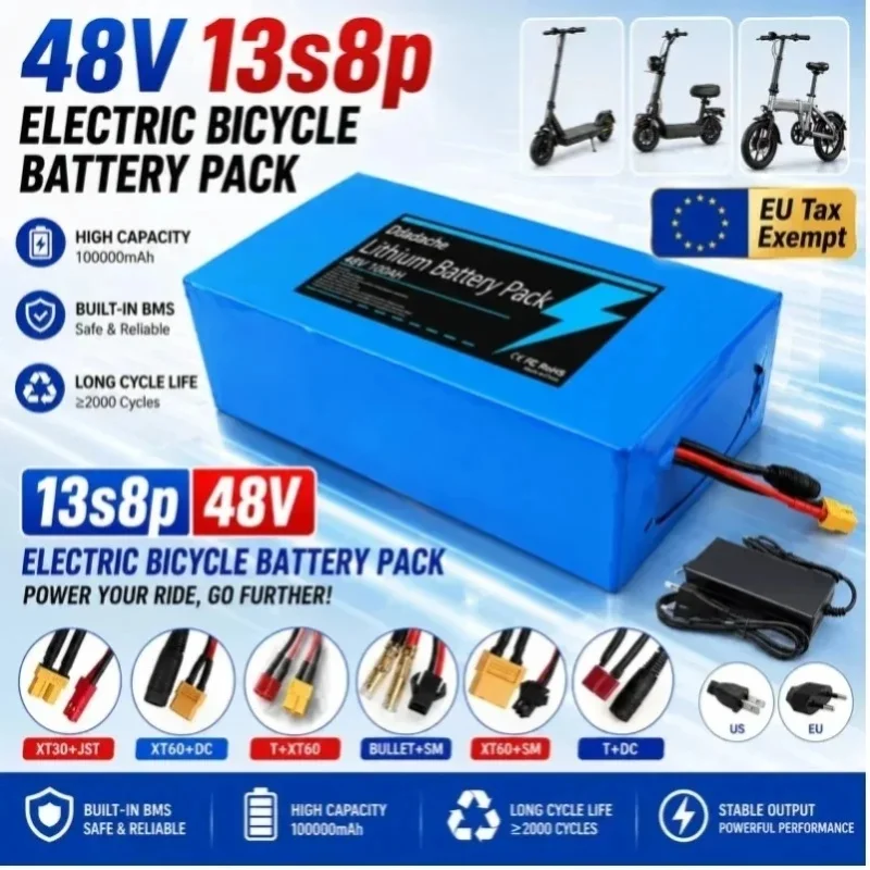 48V Power-Akku 13S8P 100Ah 18650 Wiederaufladbarer Li-Ionen-Akku mit hoher Leistung und BMS für Motorrad, Roller, Fahrrad