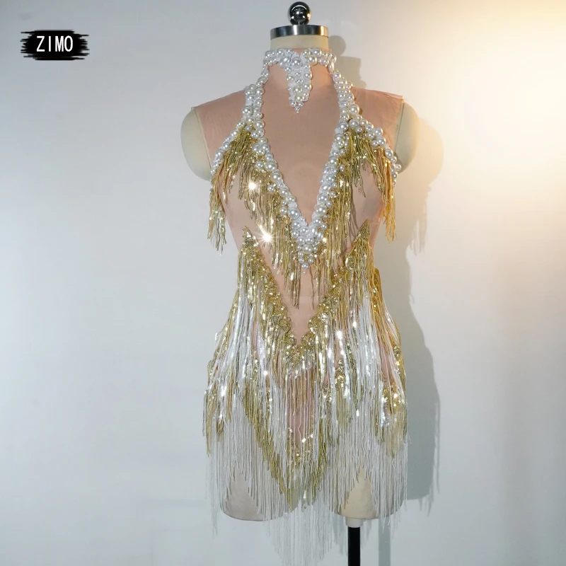 

2024 Sexy Gold sequin dress tassel pearl mesh Transparent pole dance clothing performance party club birthday outfits for womens