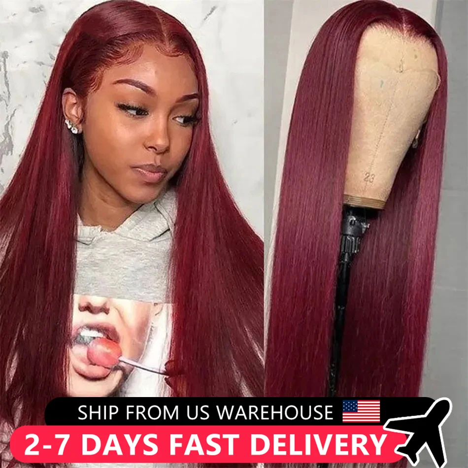 99J Burgundy Bone Straight Glueless Lace Closure Wig Preplucked Red 13x4 13x6 HD Lace Frontal Human Hair Wig For Women MYLOCKME