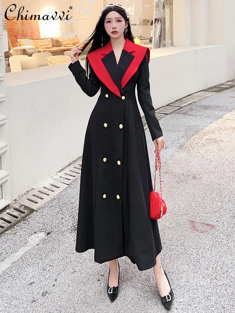 Professional Long Trench Coat Autumn and Winter New High-end Fashion Color Matching Elegant Lapel Double-breasted Trench Coat