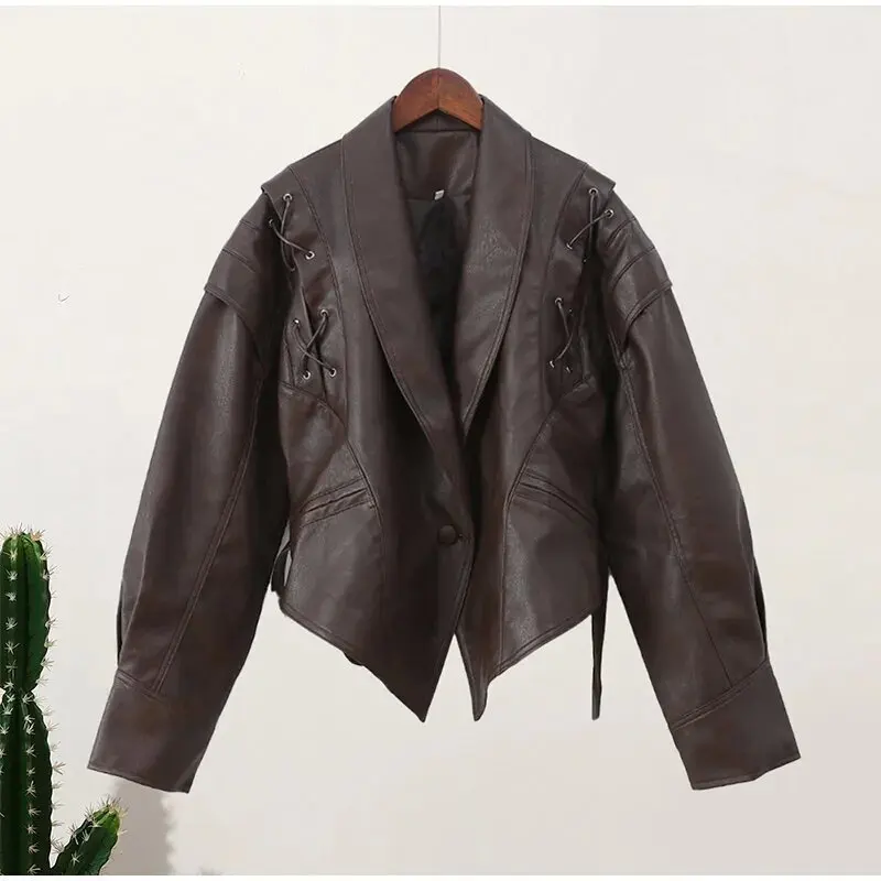 

Short Slim Pu Leather Jacket Solid with Belt Lapel Coat Long Sleeves Motorcycle Style Jackets Autumn Winter Belted Top for Women
