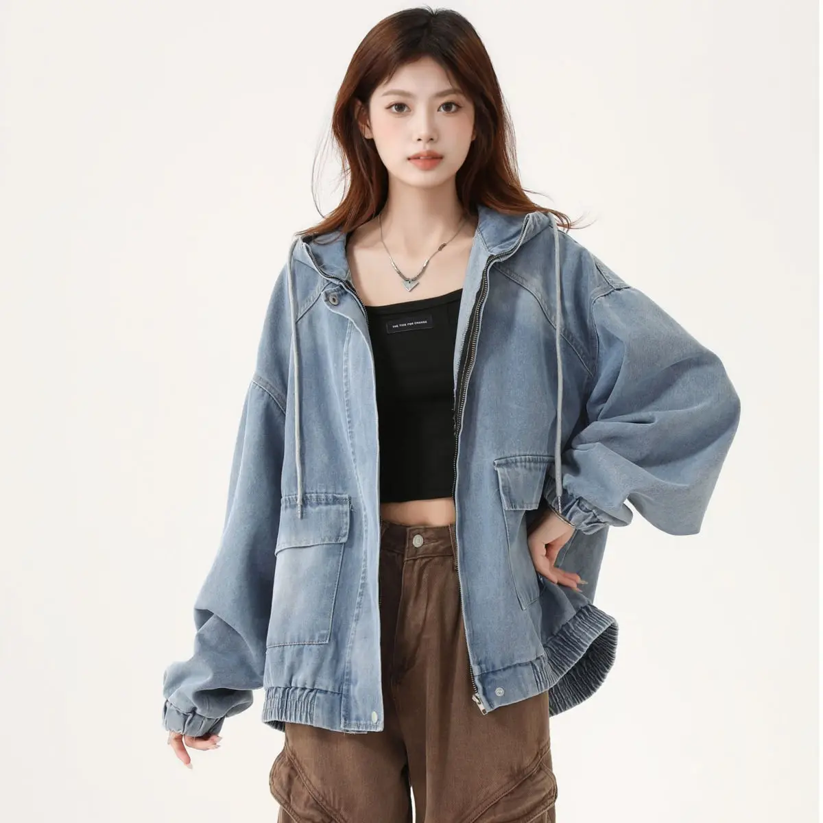 

Denim Coats For Ladies Womens Winter Quilted Plush Button-Embellished Hooded Sherpa Four-Pocket Cropped Functional Turtleneck OL