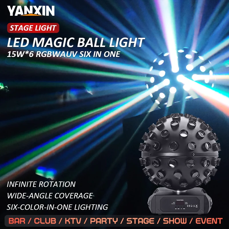 100W Stage Light Magic Ball 5x18W RGBWA+UV 6-in-1 LED 3/11CH DMX Sound Activated Moving Head Light for KTV Bar DJ Party Wedding