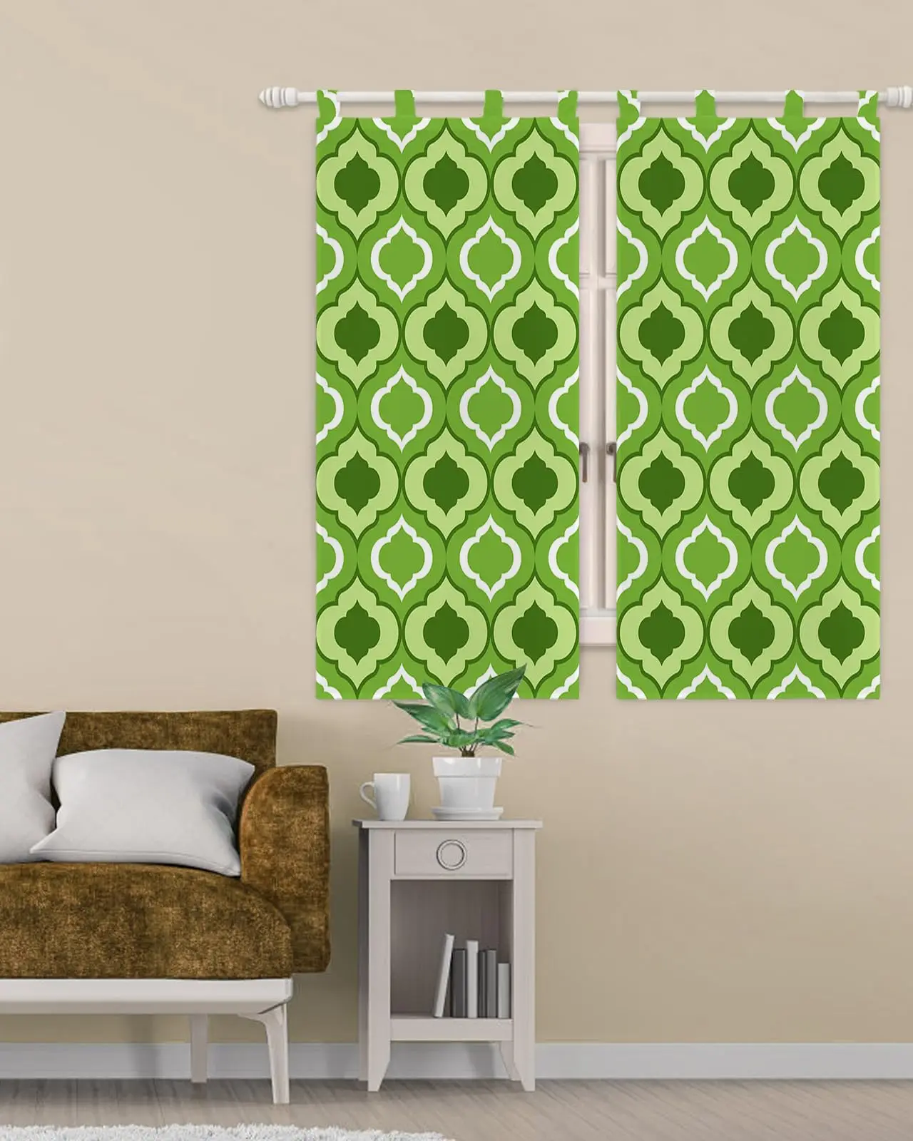 Kitchen Tiers Curtain Set 2 Panels, Green Moroccan Pattern Geometric Rod Pocket Small Curtains Treatments Light