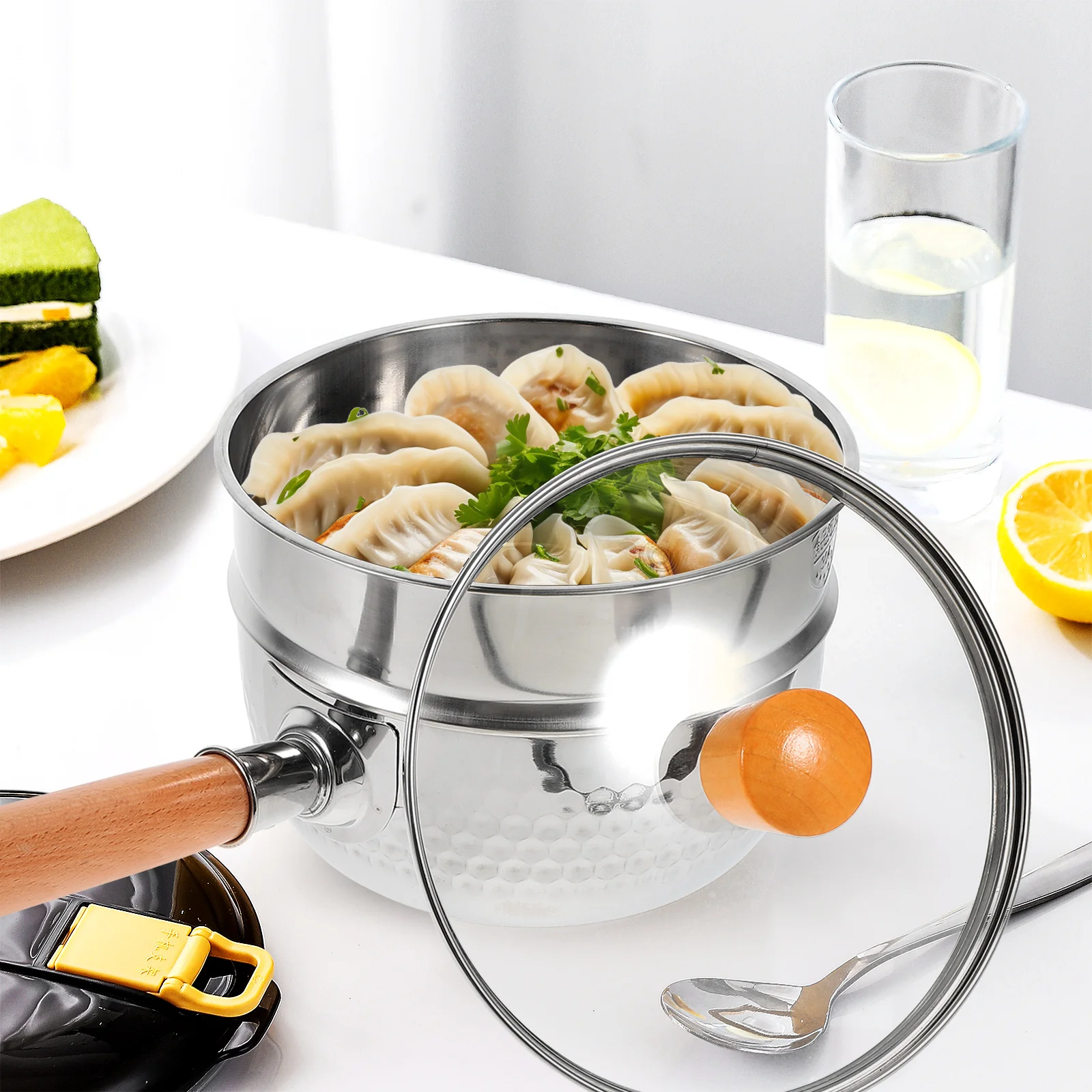 

18cm Stainless Steel Single Handle Pot Double Layer Heat Resistant Glass Lid Multi Pan Small Soup Cookware for All Stoves