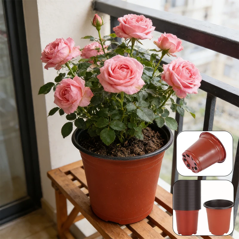 

10PCS Multi Size Plastic Nursery Pots with Drainage Holes Red Black Reusable Seedling Pots for Garden Plants Flowers Succulents