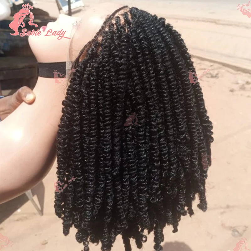 Wig sintetis kepang renda penuh untuk wanita, Wig rambut kepang gairah pendek untuk warna hitam 12 "Musim Semi, kepang, kepang, Afrika