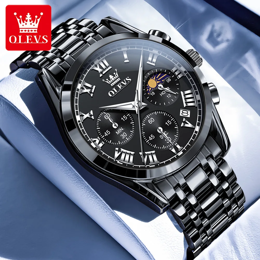 OLEVS 2871 Top Original Quartz Watch for Men Solid Steel Strap Roman Scale Classic Chronograph Moon Phase Calendar Men's Watches