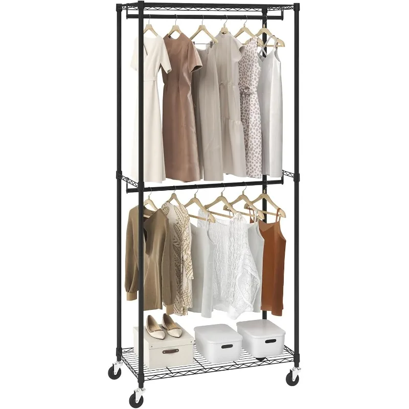 

Heavy Duty Clothes Rack, Double Hanging Rods Clothing Garment Rack with Bottom and Top Storage Tier, Rolling Clothing Rack