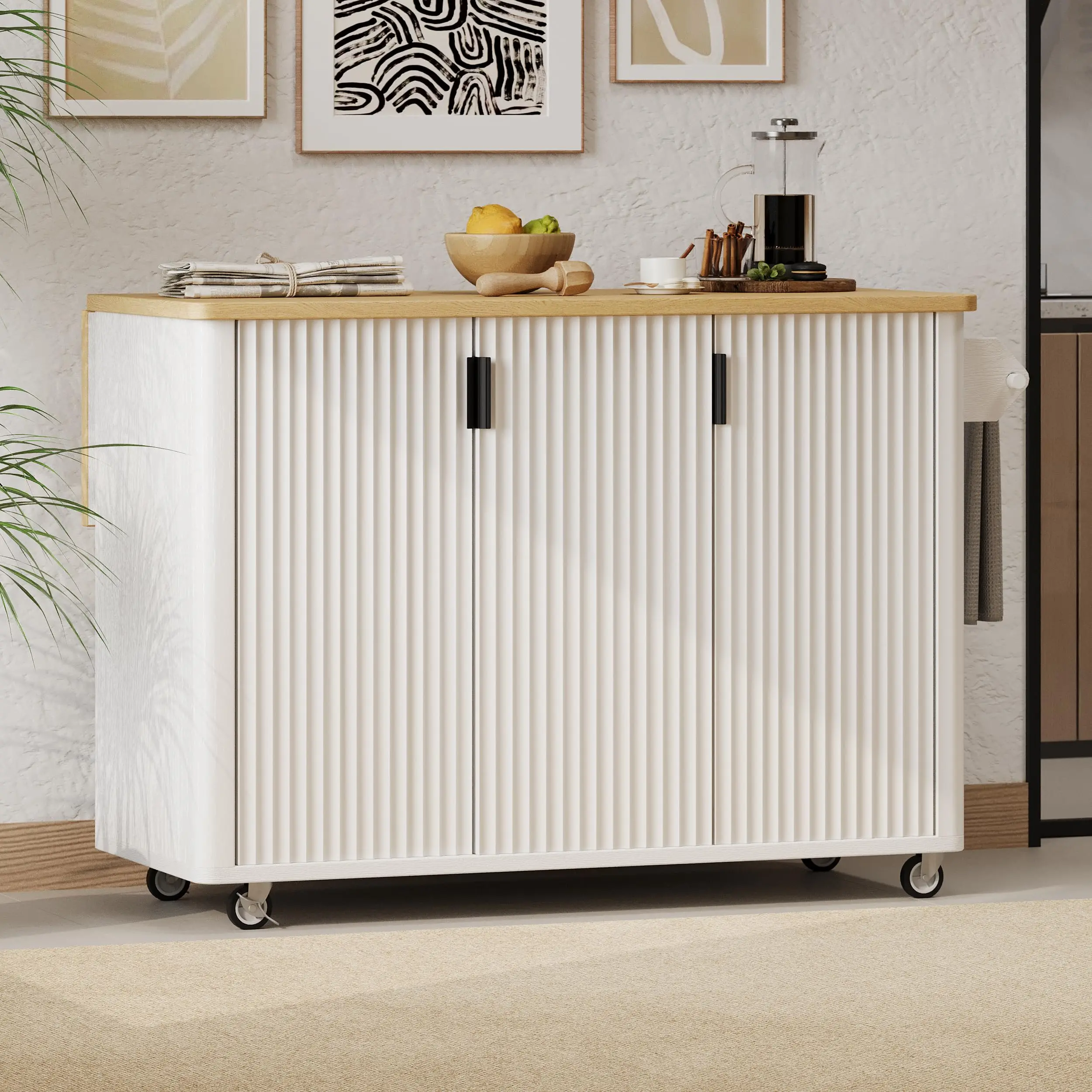 51”W French Style Rolling Kitchen Island with Drop-Leaf Table, 3D Textured Panel, Kitchen Cart with Storage Shelves