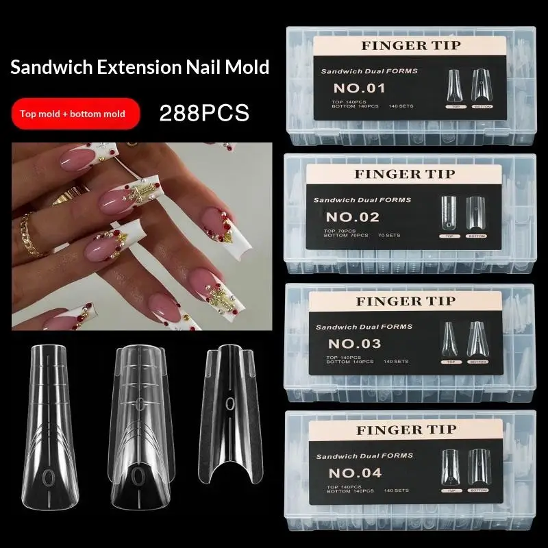 Novo 140/280 pçs sanduíche duplo formas de unhas extensões-formas duplas molde inferior superior longo quadrado amêndoa formas da arte do prego ferramenta manicure